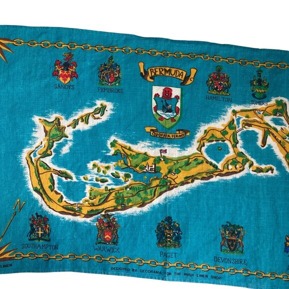 Vintage Irish Linen Bermuda Map Tea Towel Crests By Decorama Made in Ireland - Picture 9 of 9